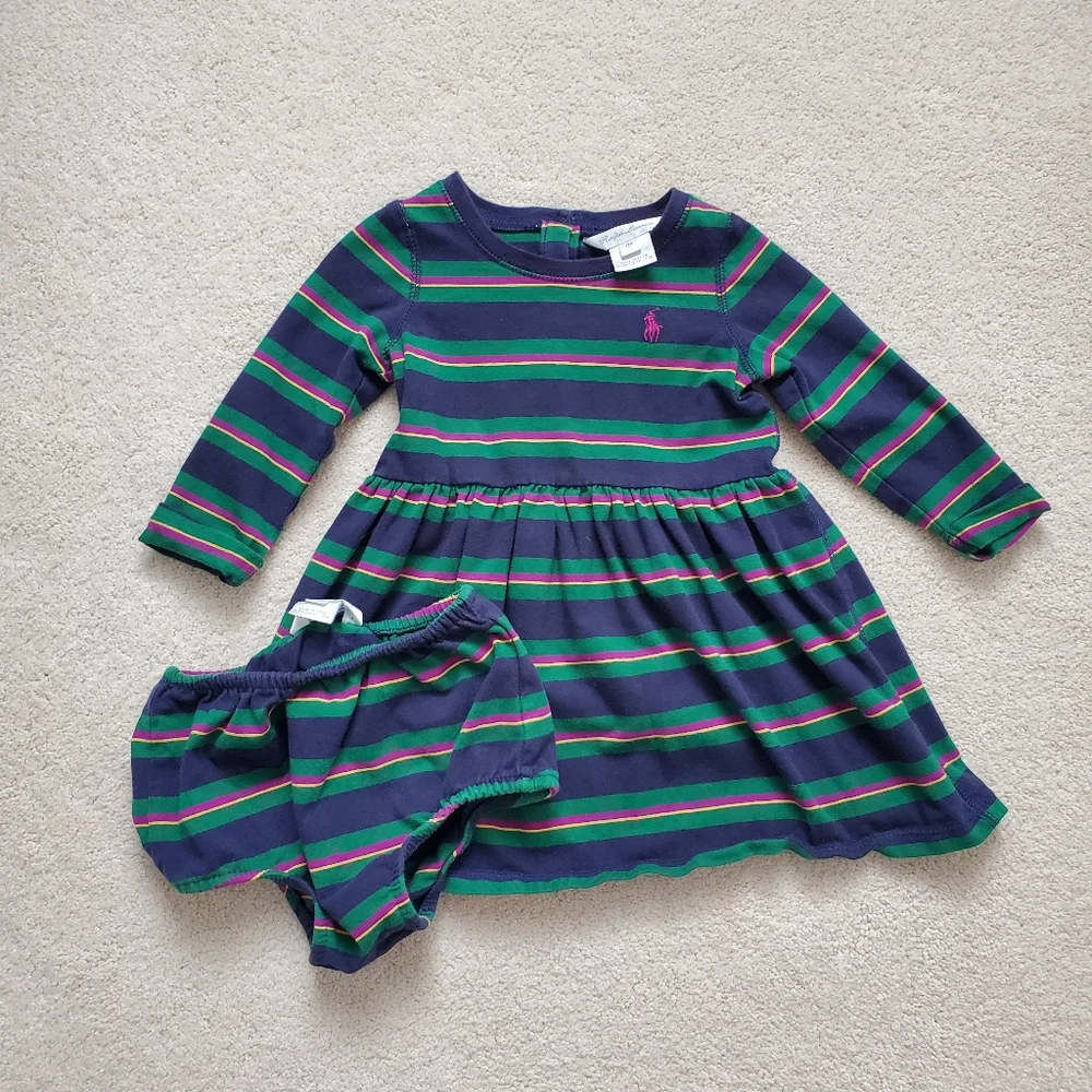 Ralph Lauren Girls Preppy Green Blue Striped Dress and Bloomers sz12m